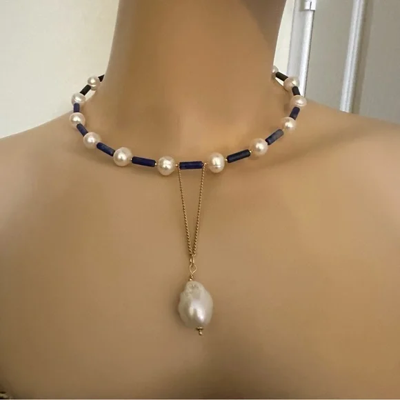 C106 New Handmade Natural Freshwater Pearl and Lapis Lazuli Choker - Picture 7 of 14